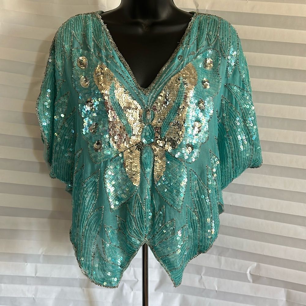 Women’s Aqua 100% Silk Sequin Vintage Blouse Short Sleeve Top Elegant